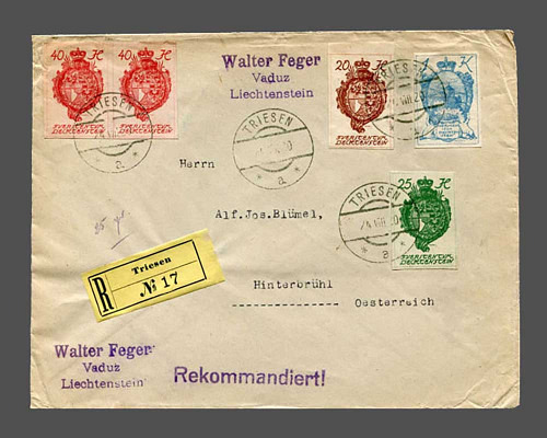 R-Brief nach Österreich mit 20 H, 25 H.,