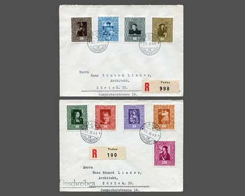 Gemälde 1949 auf 2 R-Briefen mit Ersttag