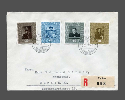 Gemälde 1949 auf 2 R-Briefen mit Ersttag