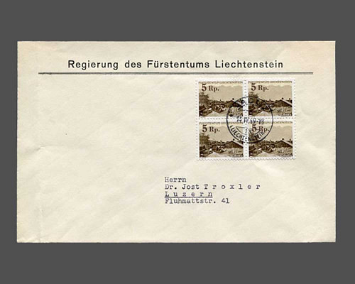5 Rp. Provisorium 1949 im Viererblock au